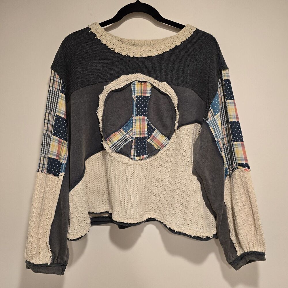 POL Long Sleeve Peace Sign Top Medium Patchwork Boho Hippie Oversized Women Blue